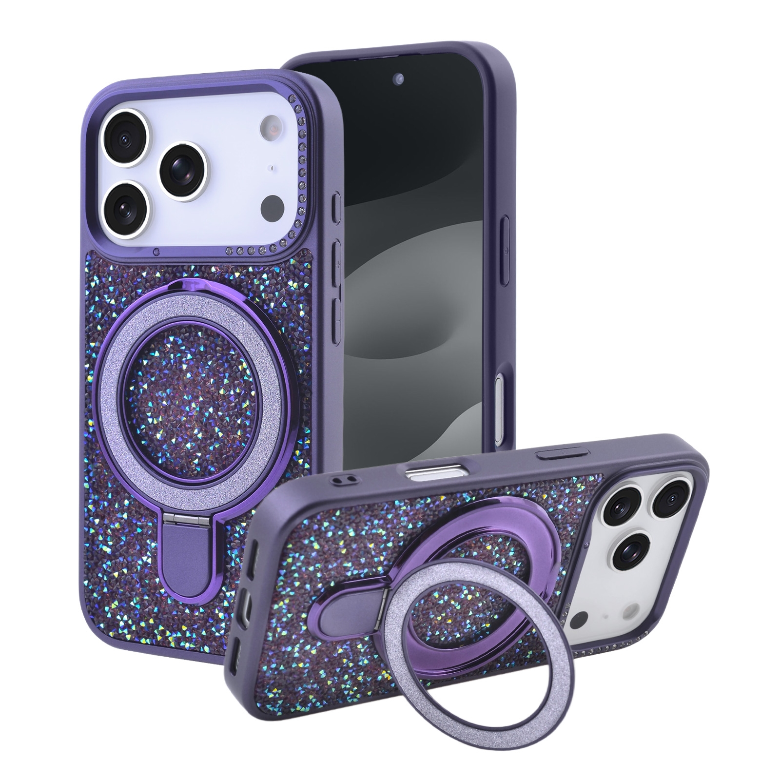 Glitter Magnetic Stand Phone Case for iPhone 17 Pro - Sparkly Rhinestone Design, Purple