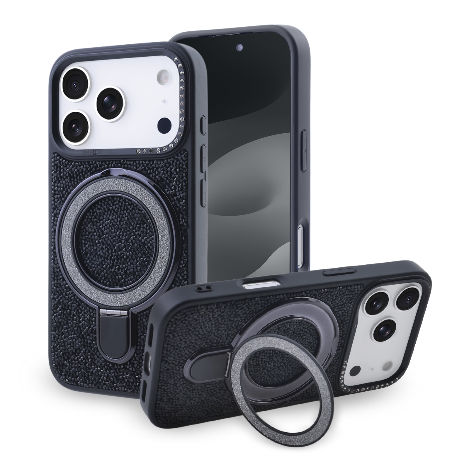 Glitter Magnetic Stand Phone Case for iPhone 17 Pro - Sparkly Rhinestone Design, Black