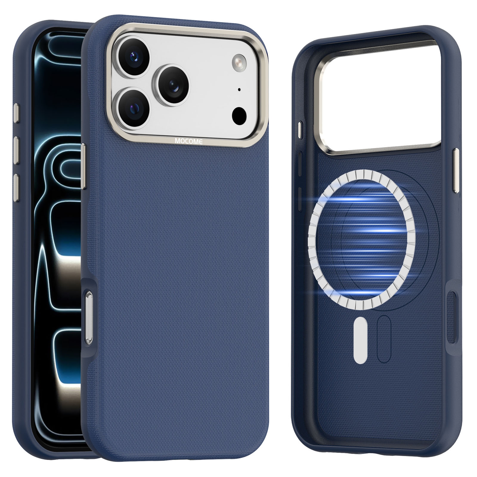 Matte Grid Texture Case for iPhone 17 Pro Max - Metal Camera Frame & Magnetic Charging Support, Blue