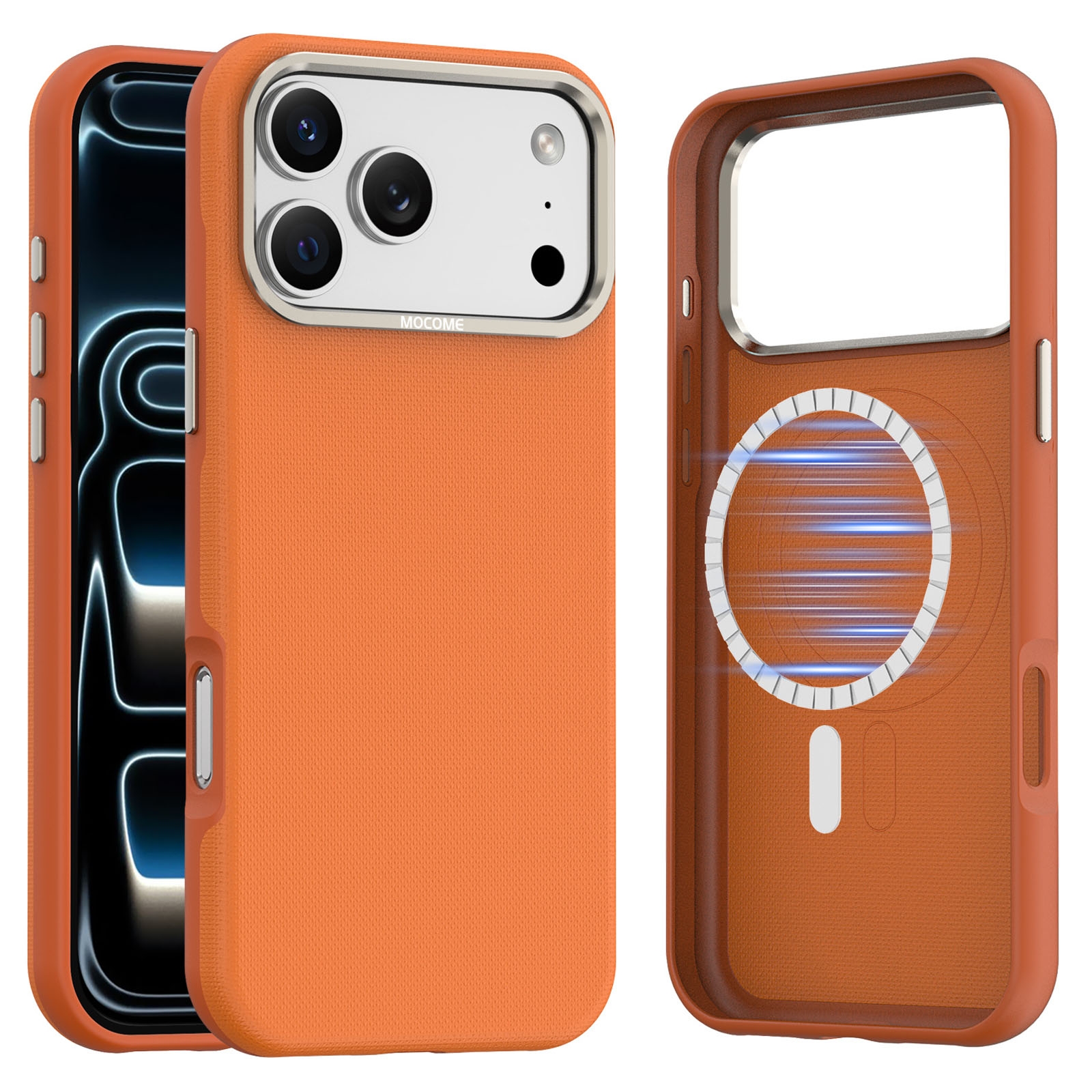 Matte Grid Texture Case for iPhone 17 Pro Max - Metal Camera Frame & Magnetic Charging Support, Orange