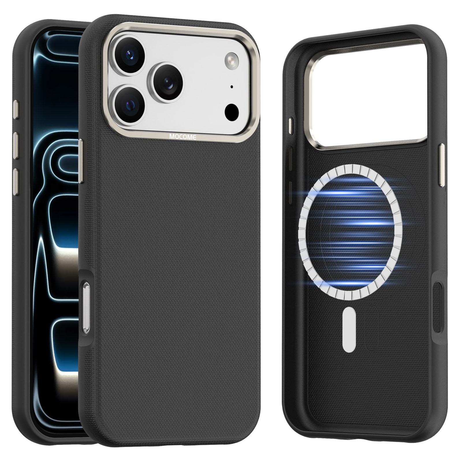 Matte Grid Texture Case for iPhone 17 Pro - Metal Camera Frame & Magnetic Charging Support, Black