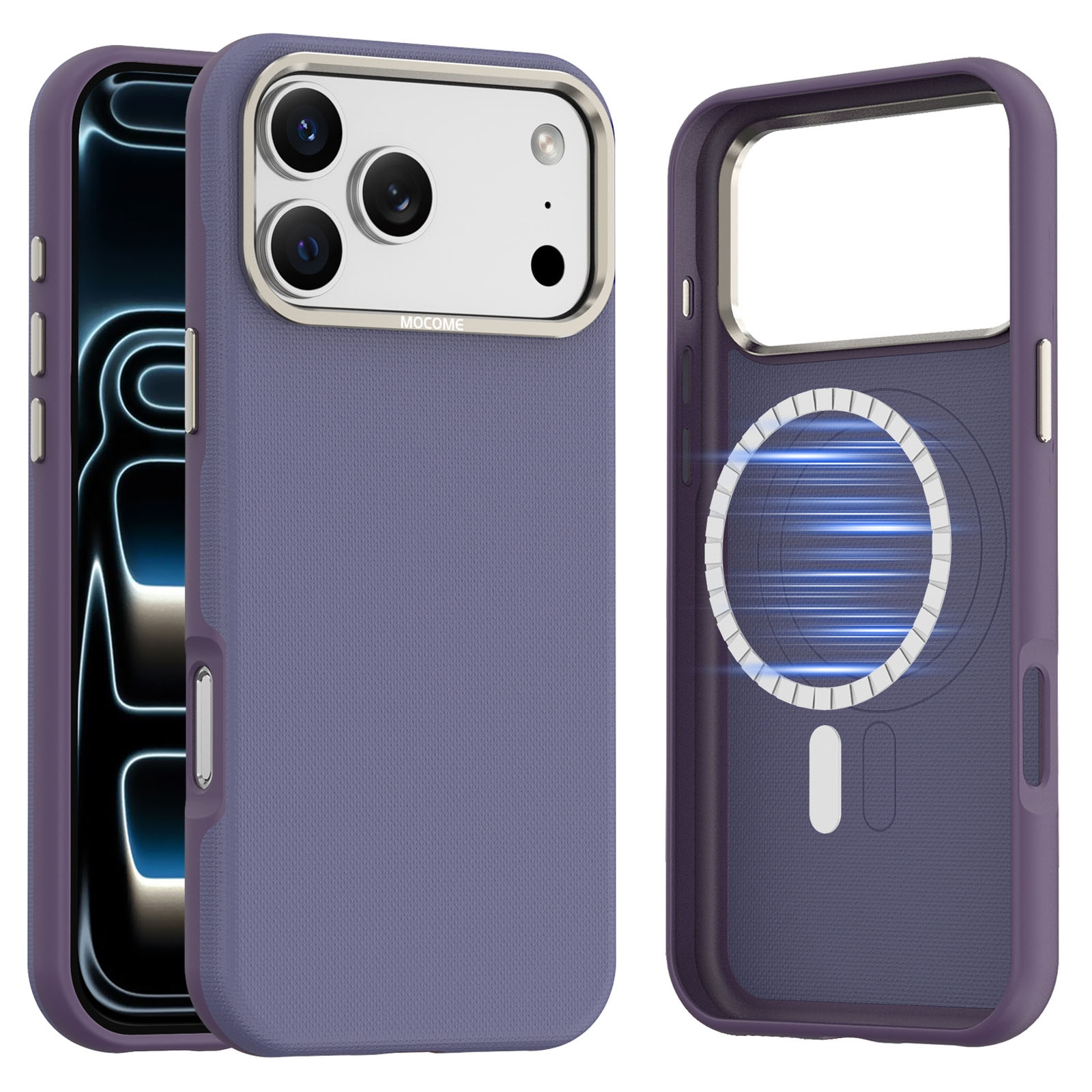 Matte Grid Texture Case for iPhone 17 Pro - Metal Camera Frame & Magnetic Charging Support, Purple