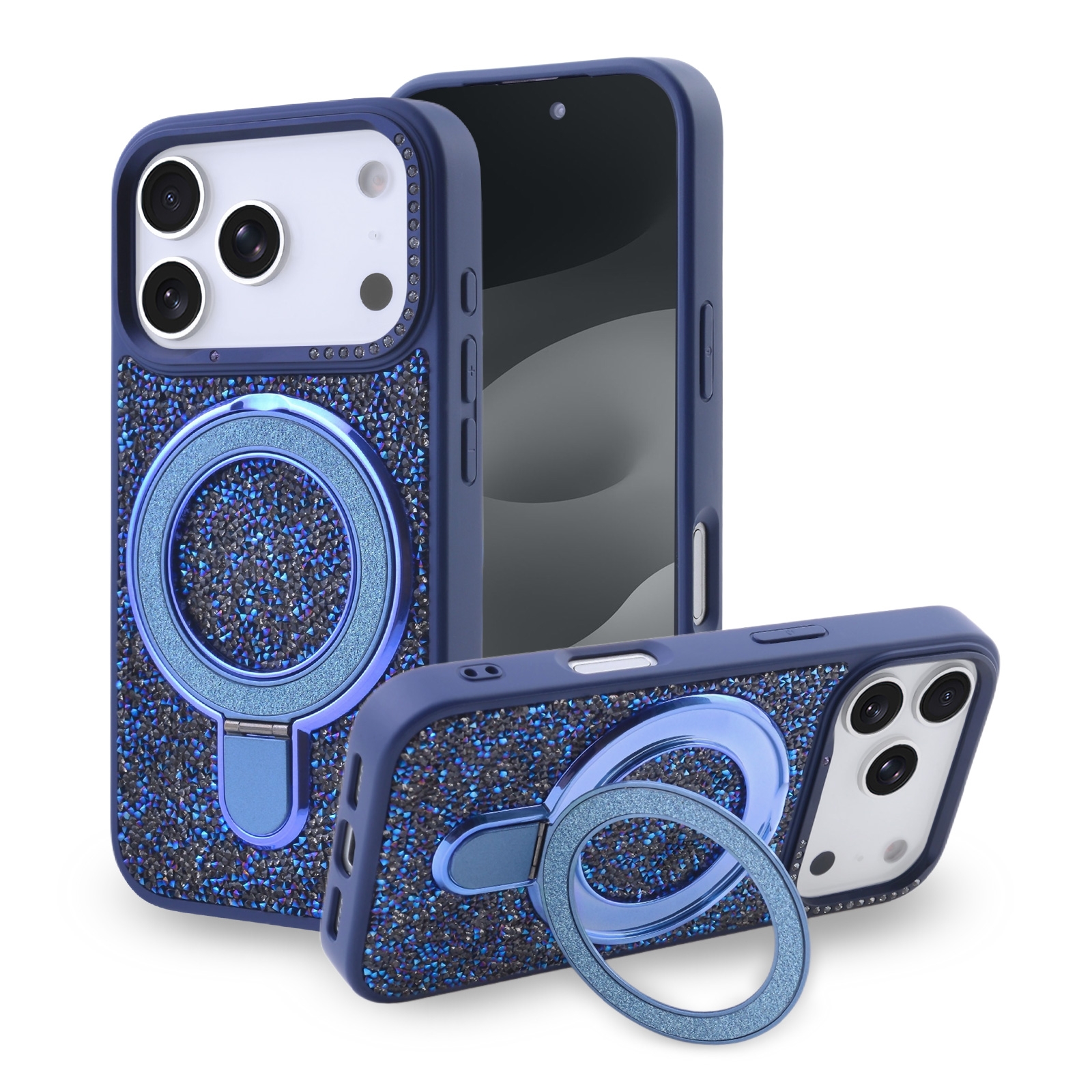 Glitter Magnetic Stand Phone Case for iPhone 17 Pro - Sparkly Rhinestone Design, Dark Blue