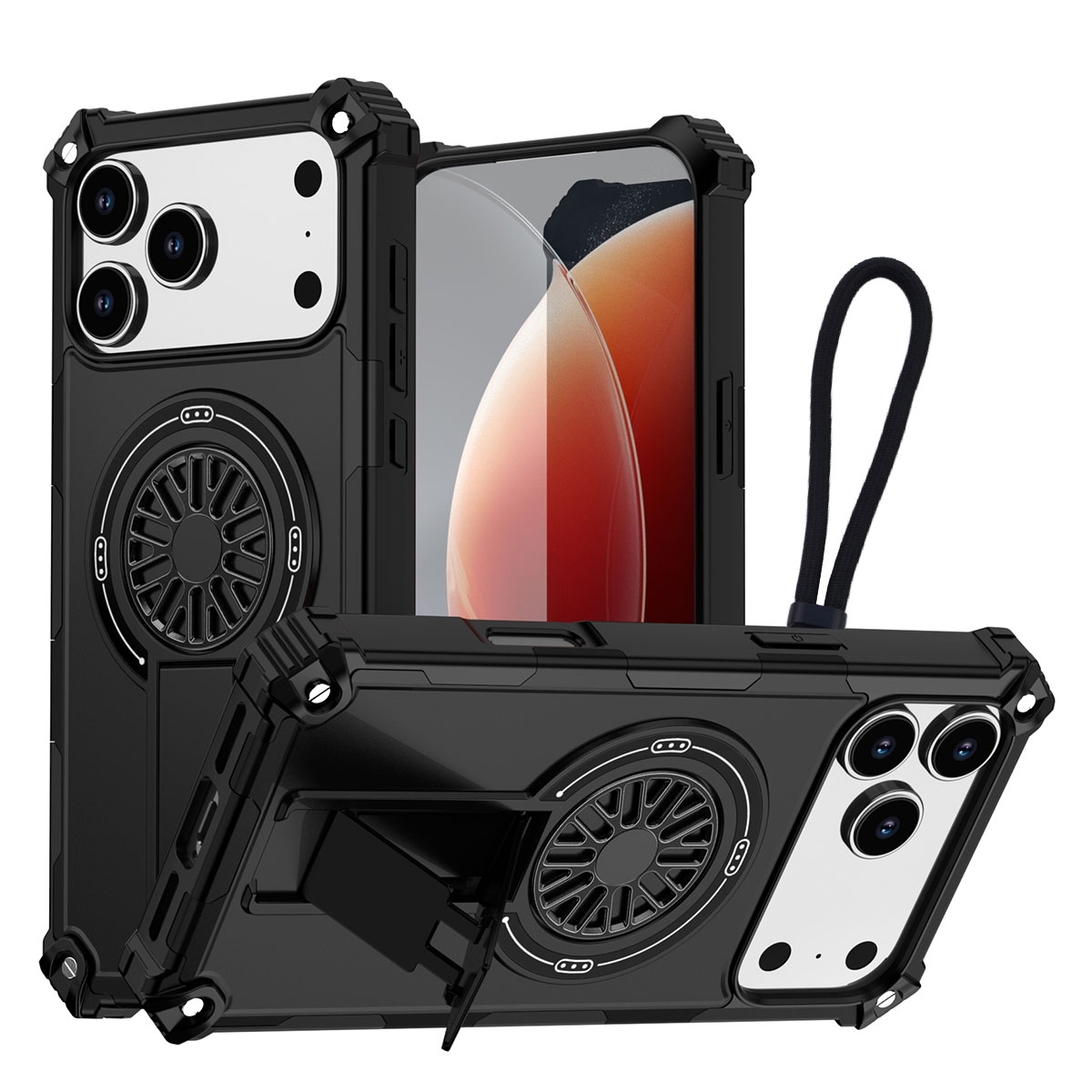 Rugged Magnetic Case with Foldable Kickstand & Wrist Strap for iPhone 17 Pro, Black