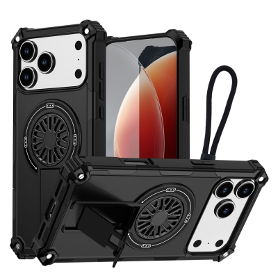  Rugged Magnetic Case with Foldable Kickstand & Wrist Strap for iPhone 17 Pro, Black