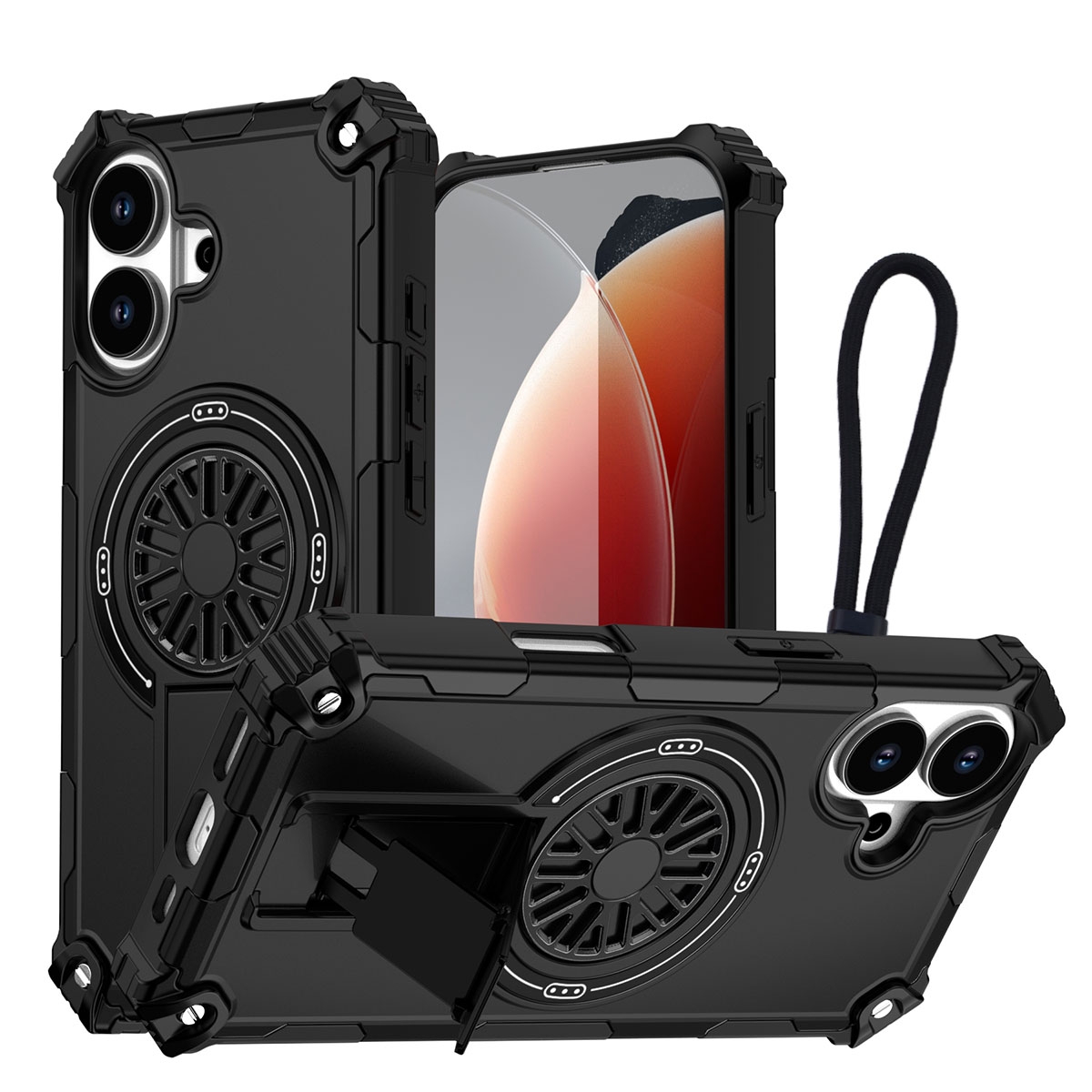 Rugged Magnetic Case with Foldable Kickstand & Wrist Strap for iPhone 17, Black