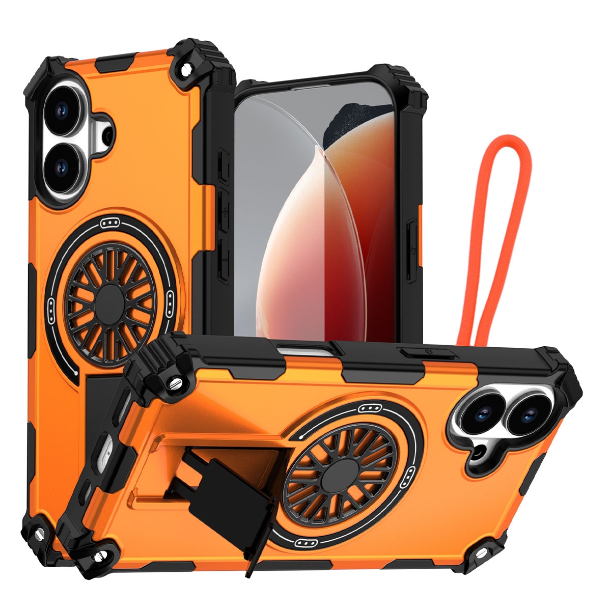 Rugged Magnetic Case with Foldable Kickstand & Wrist Strap for iPhone 17, Orange
