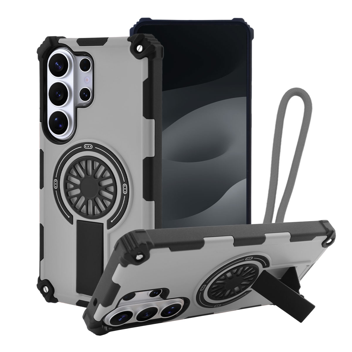 Rugged Magnetic Case with Foldable Kickstand & Wrist Strap for S26 Ultra, Gray