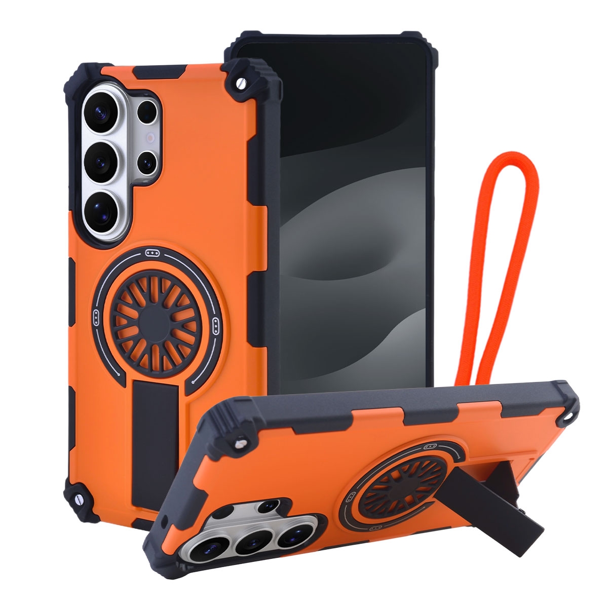 Rugged Magnetic Case with Foldable Kickstand & Wrist Strap for S26 Ultra, Orange