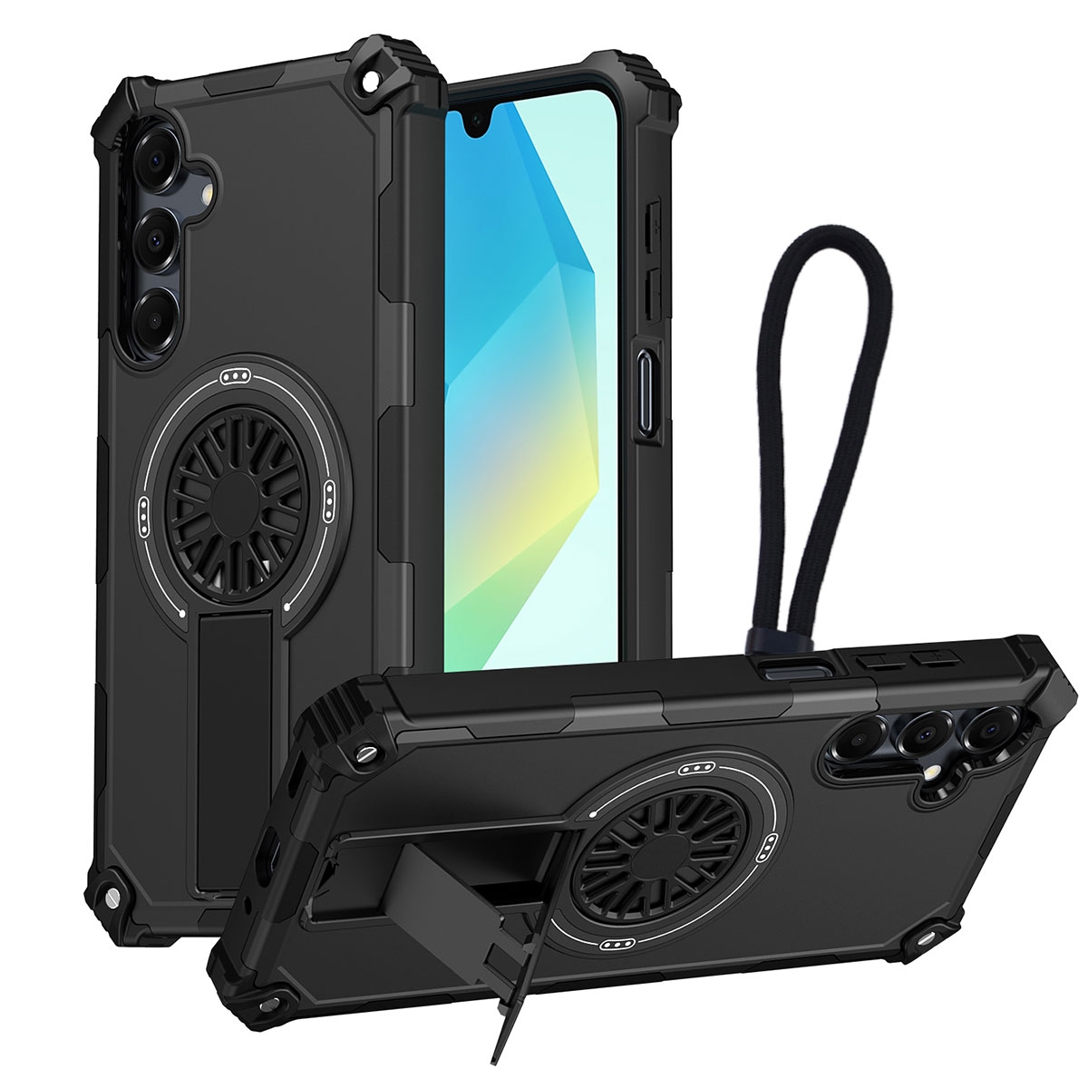 Rugged Magnetic Case with Foldable Kickstand & Wrist Strap for S26, Black
