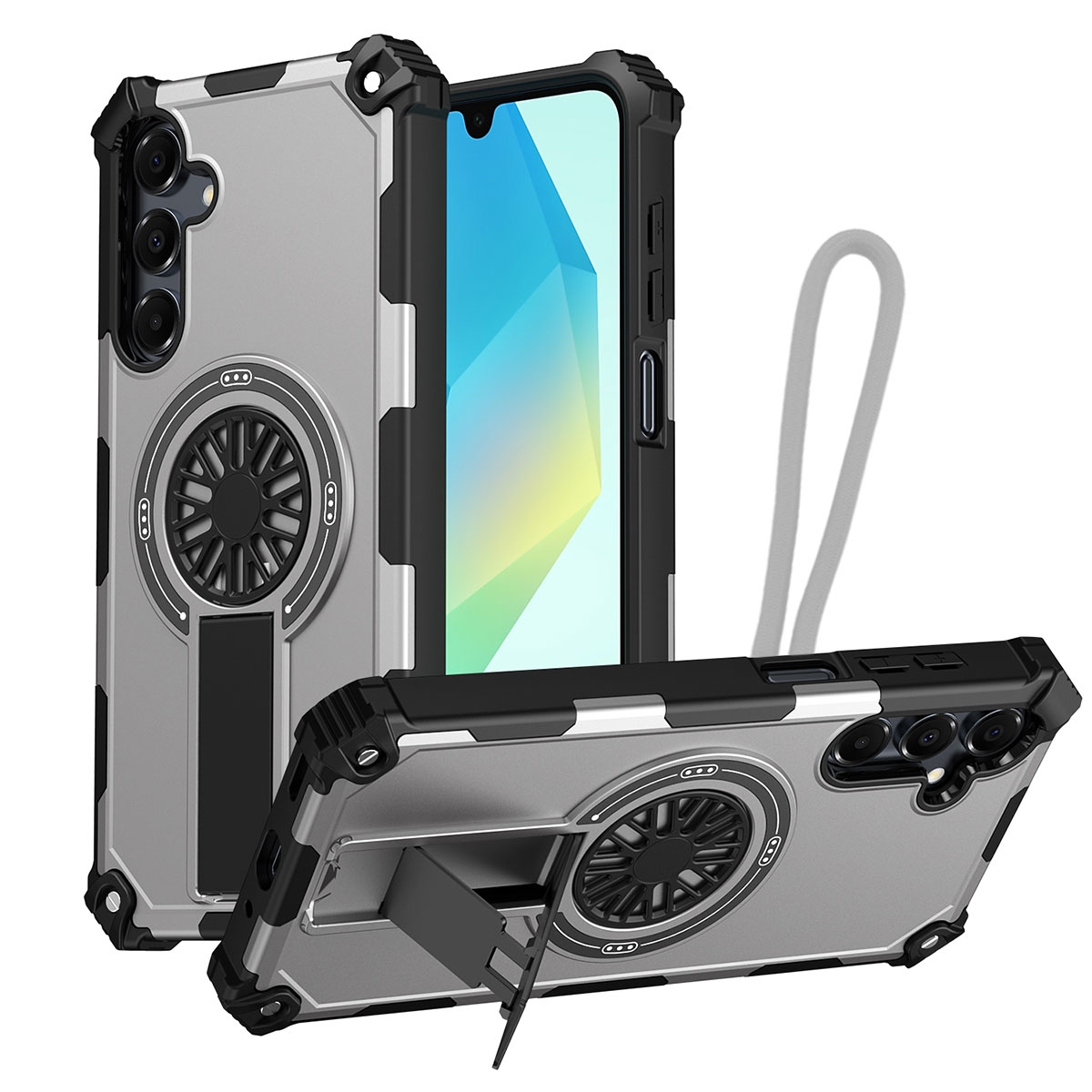 Rugged Magnetic Case with Foldable Kickstand & Wrist Strap for S26, Gray