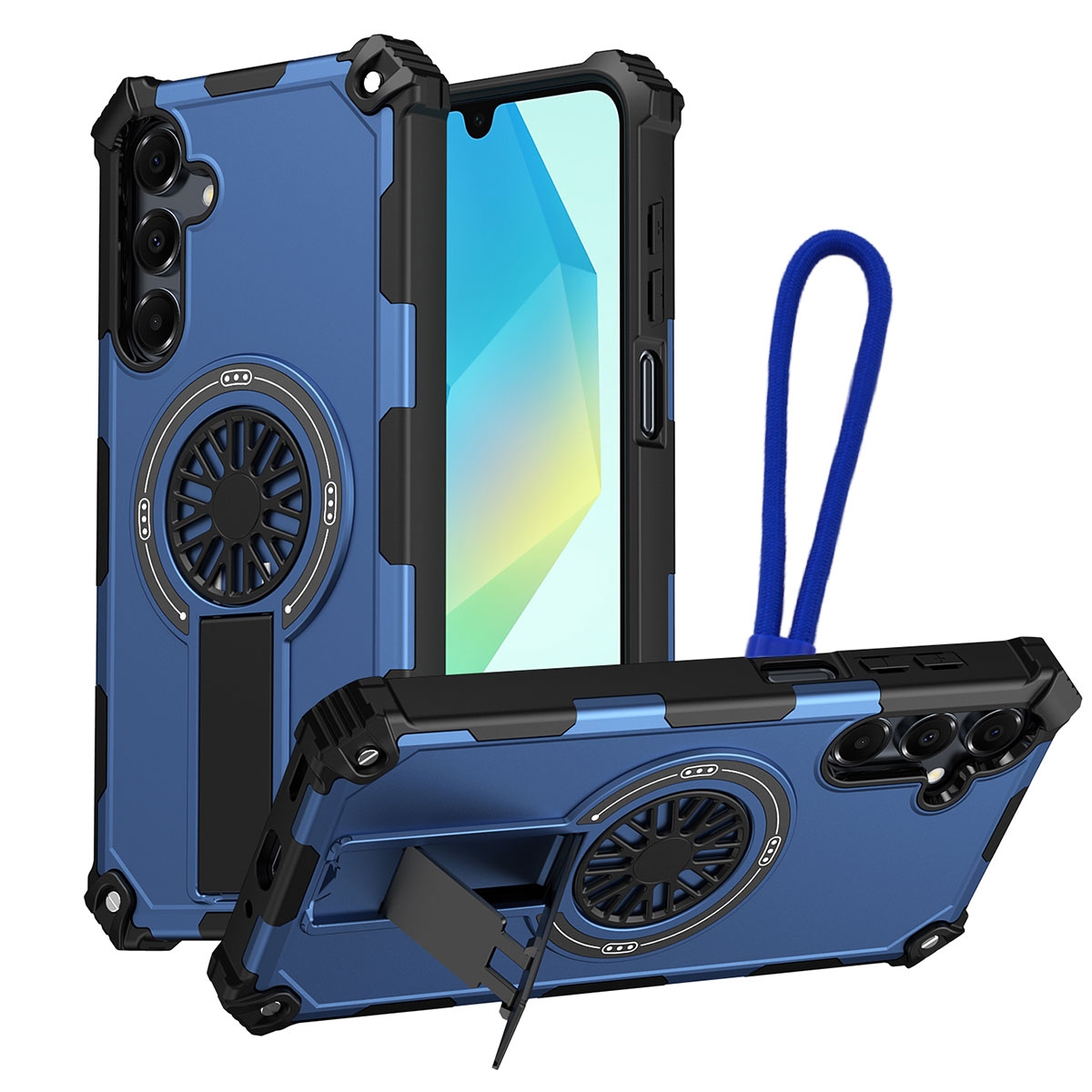 Rugged Magnetic Case with Foldable Kickstand & Wrist Strap for S26, Blue