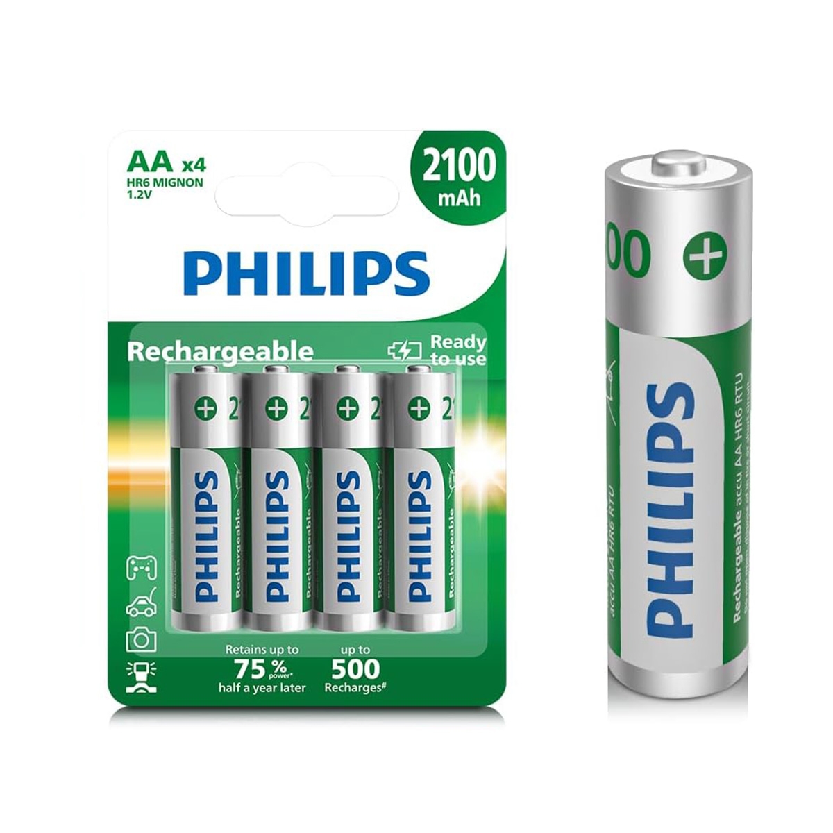 Philips Rechargeable AA Batteries 2100mAh - NiMH Double A Battery 1.2V Long Lasting 2A Batteries