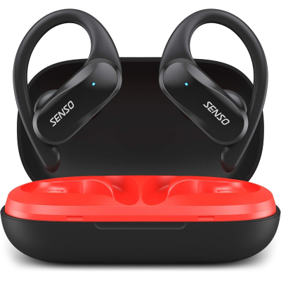 wireless sports earbuds and red charging box
