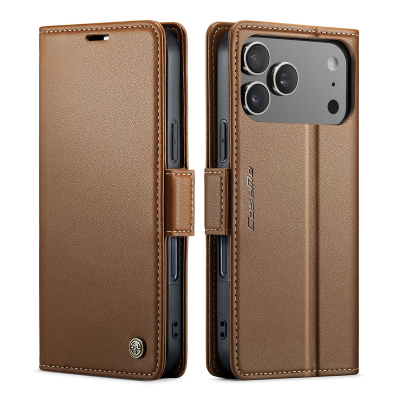 iphone 17 pro max brown flip case with butterfly buckle rfid blocking