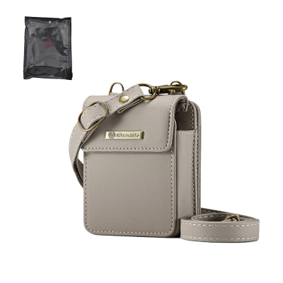 CaseMe PU Leather Wallet-Style Earbud Case with Shoulder Strap & Wrist Strap, Light Gray