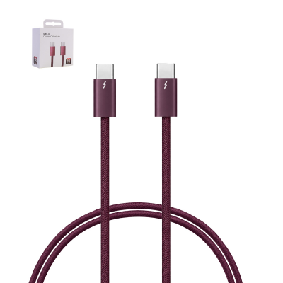Burgundy braided usb-c to usb-c charging cable coiled next to its retail packaging box