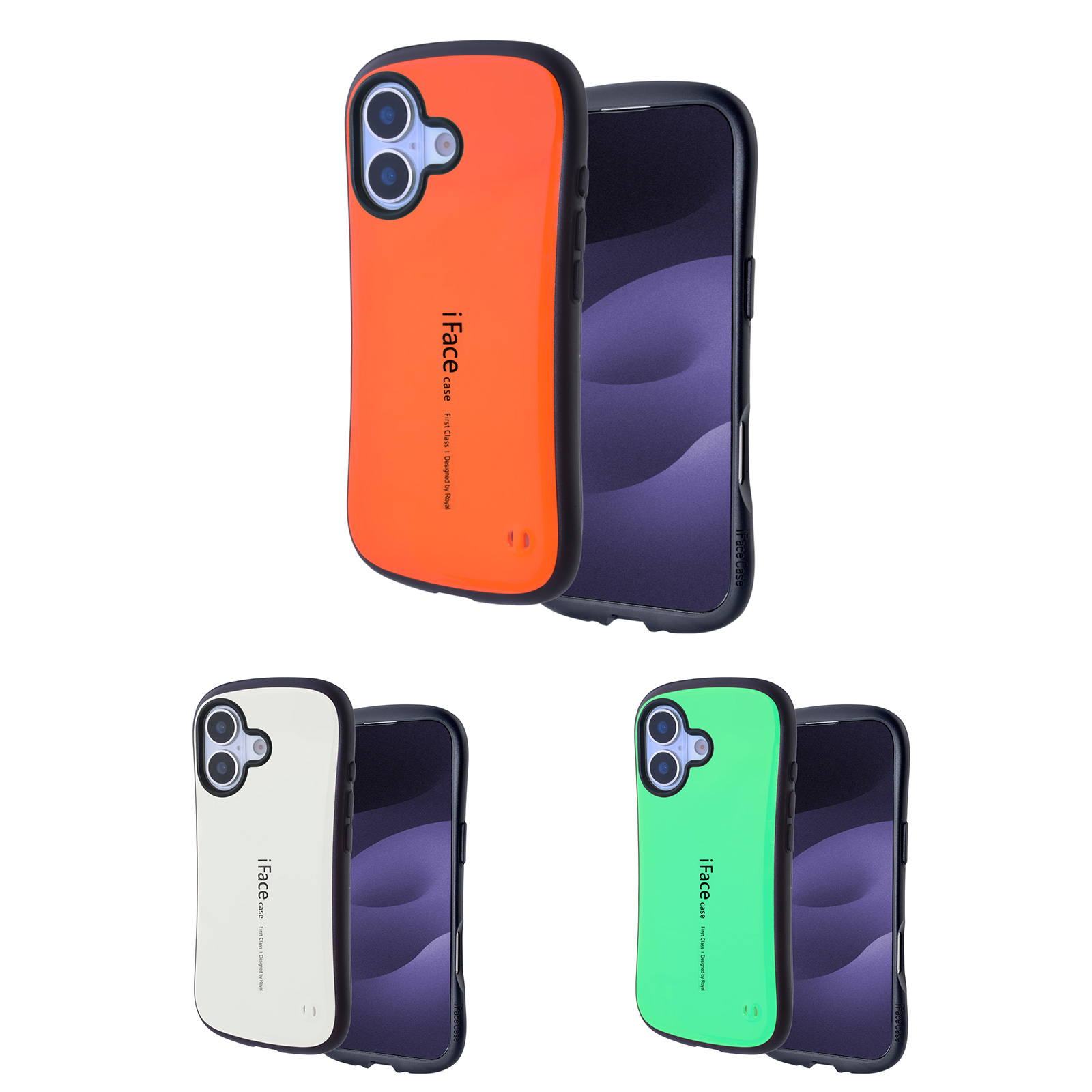 iFace iPhone 17 Protective Case with glossy finish and curved edge in orange, green, and white