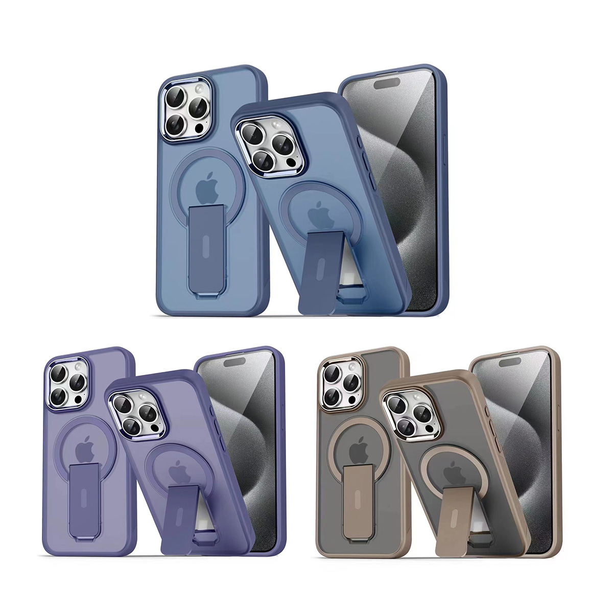 Four color combinations of a frosted MagSafe case with a magnetic ring holder/kickstand for iPhone 15 Pro Max.