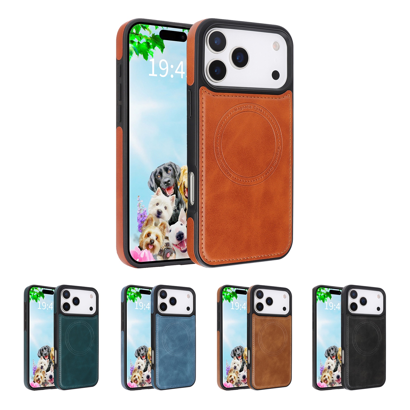 Vegan Leather Magnetic Case for iPhone 17 Pro with MagSafe compatibility, in blue, black, brown, light brown and dark green