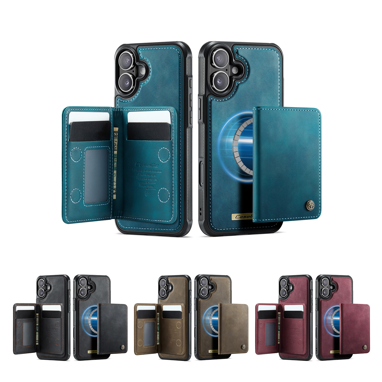 Black MagSafe Wallet iPhone Case - RFID-Blocking Leather Flip Cover with Multi-Card in Black, Blue, Red and Brown