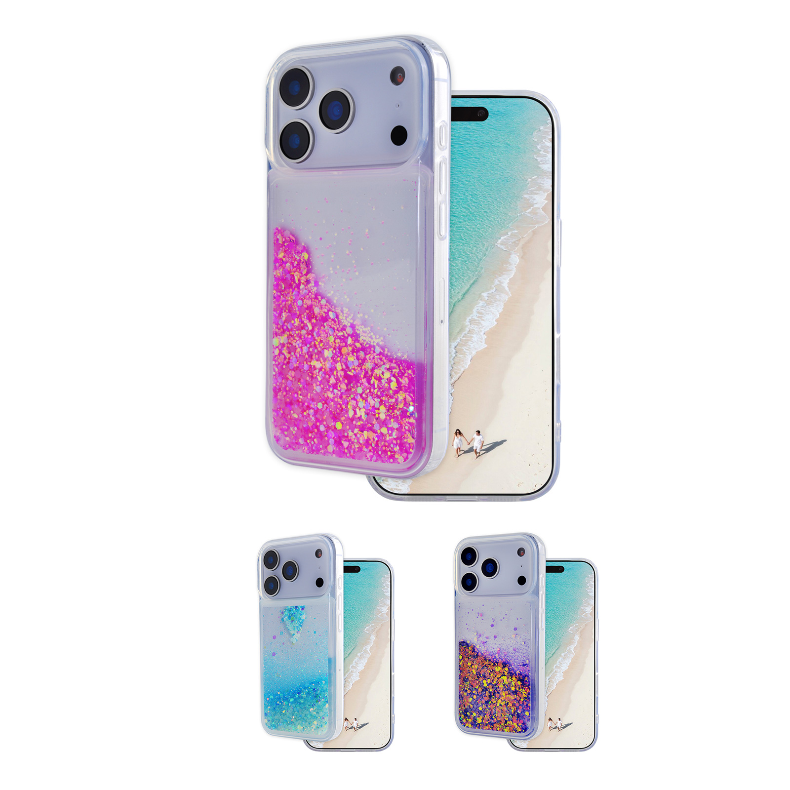 Glitter Liquid iPhone Case - Flowing Sparkle Phone Cover for iPhone 17 Pro Max in Light Blue, Purple and Pink