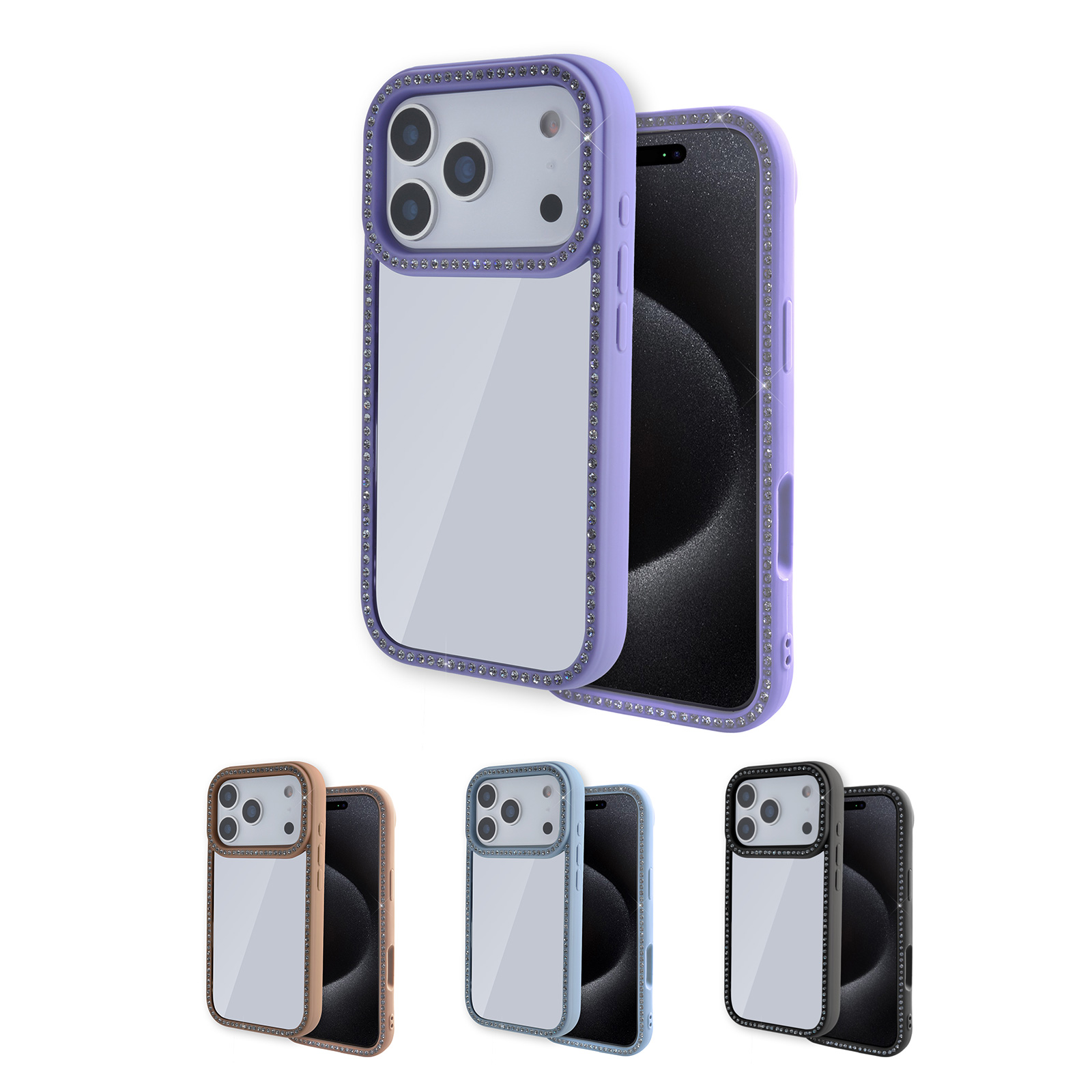 Rhinestone Mirror iPhone 17 Pro Max - Bling Shockproof Phone Cover with Crystal Detailing in purple, brown, light blue and black.