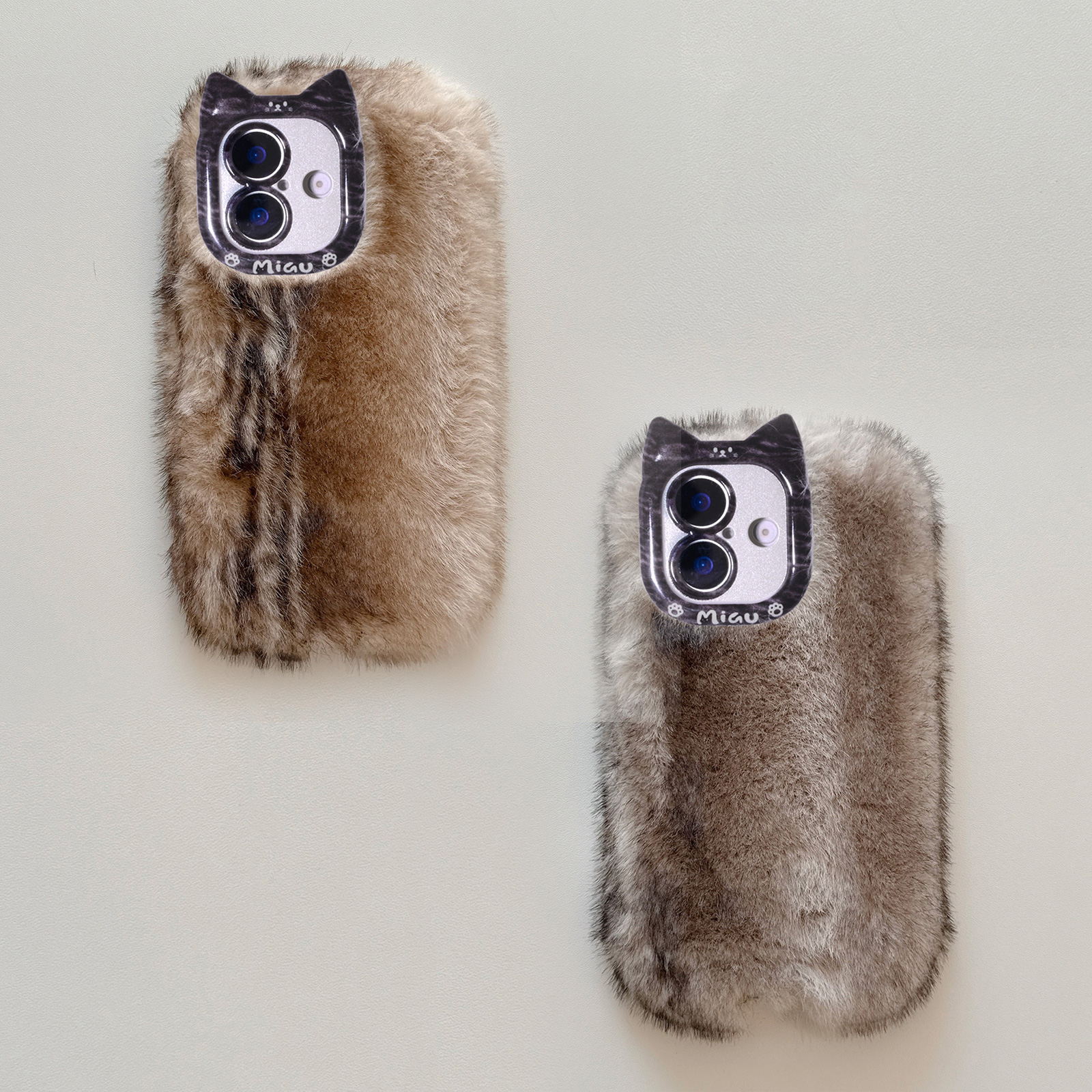 Faux Fur Fluffy iPhone Case - Cute Cat Ear Design Phone Cover for iPhone 17 (Brown and Black)