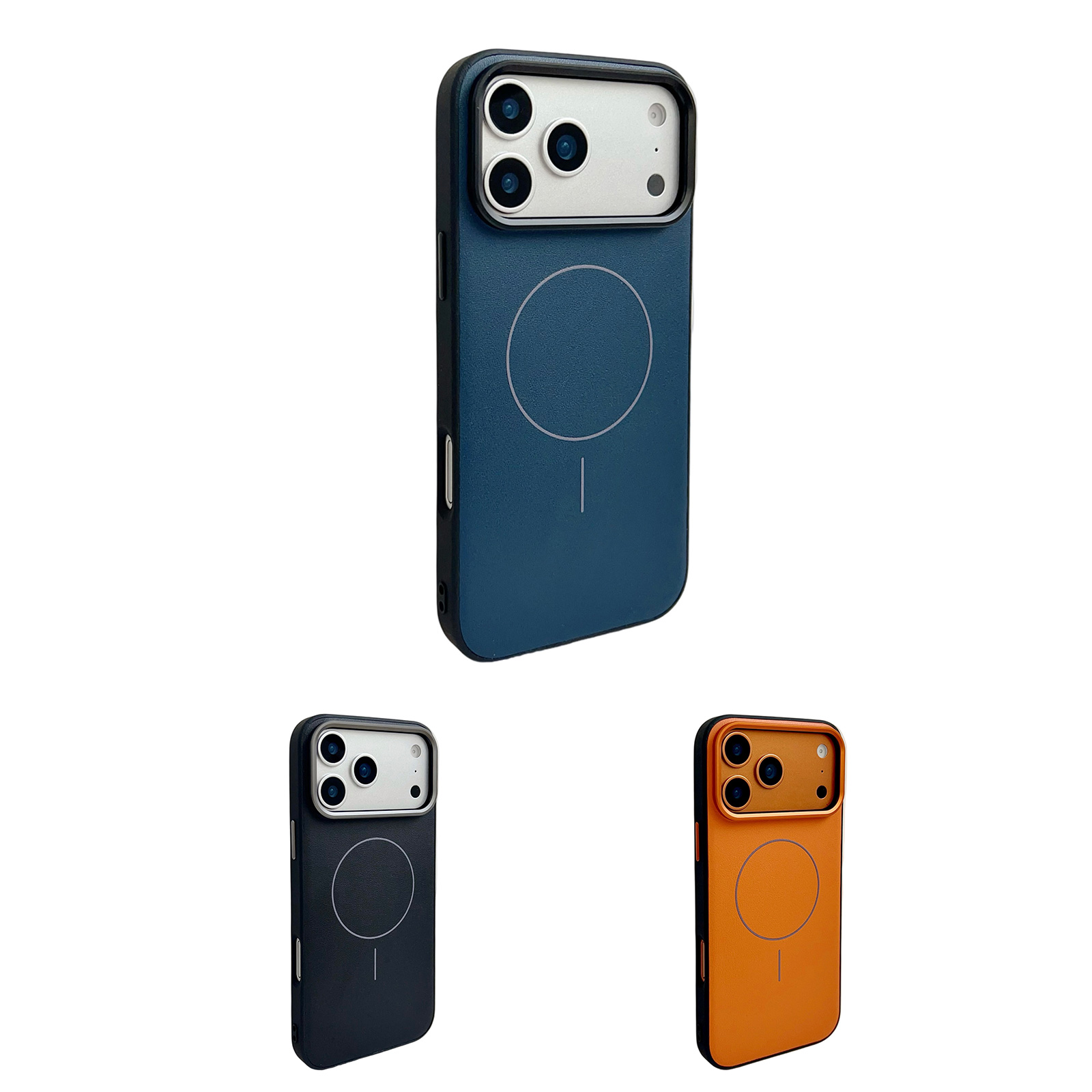 Dark Blue/Black/Orange PU Leather Magnetic iPhone Case - MagSafe Compatible Protective Phone Cover for iPhone17 Pro