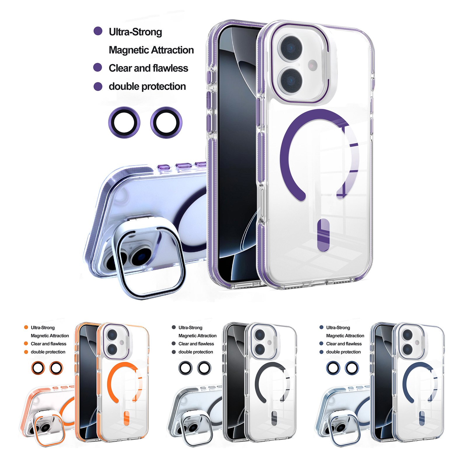 Purple/Black/Dark Blue/Orange Magnetic iPhone17 Case - Hidden Foldable Stand and Clear Double Protection