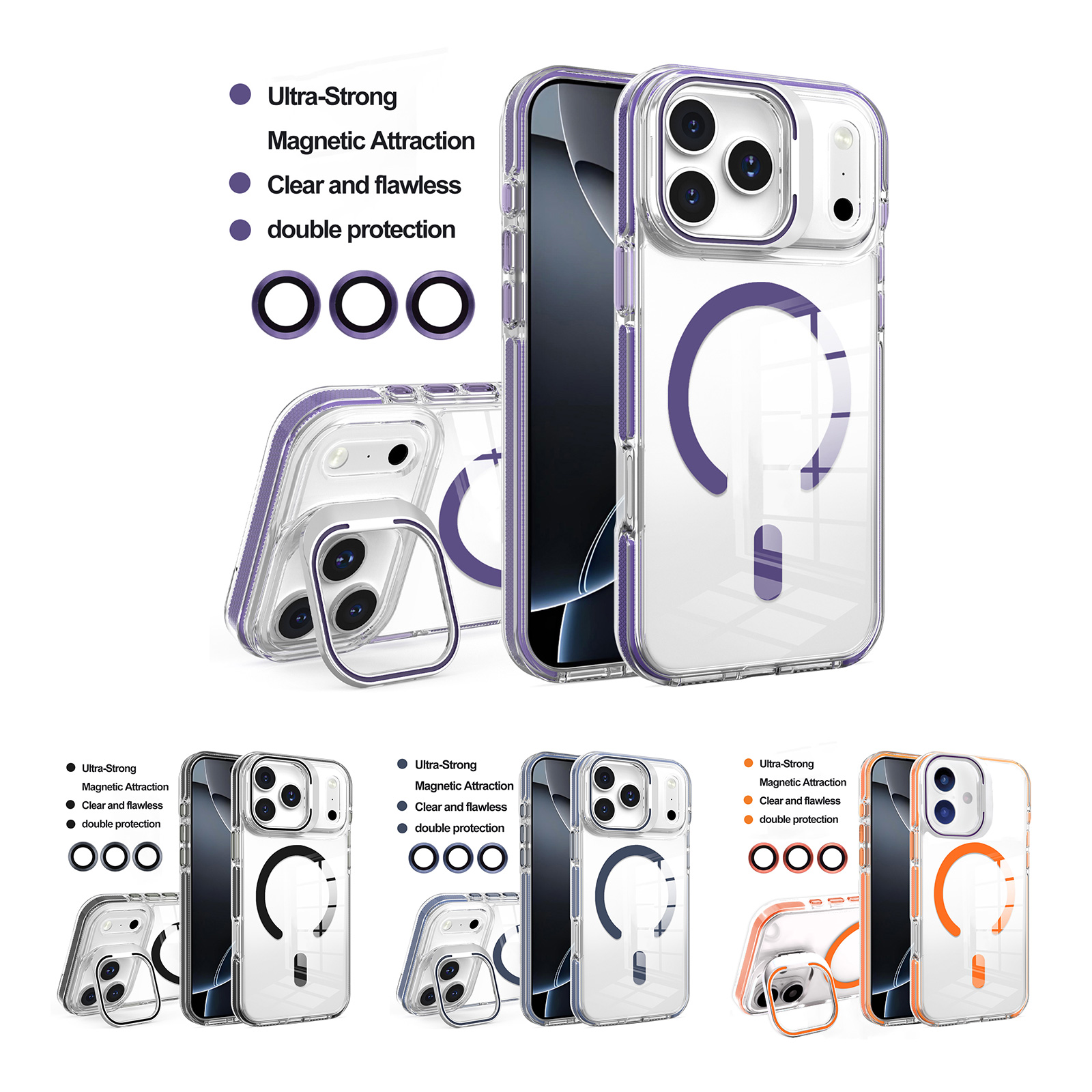 Purple/Black/Dark Blue/Orange Magnetic iPhone17 Pro Case - Hidden Foldable Stand and Clear Double Protection