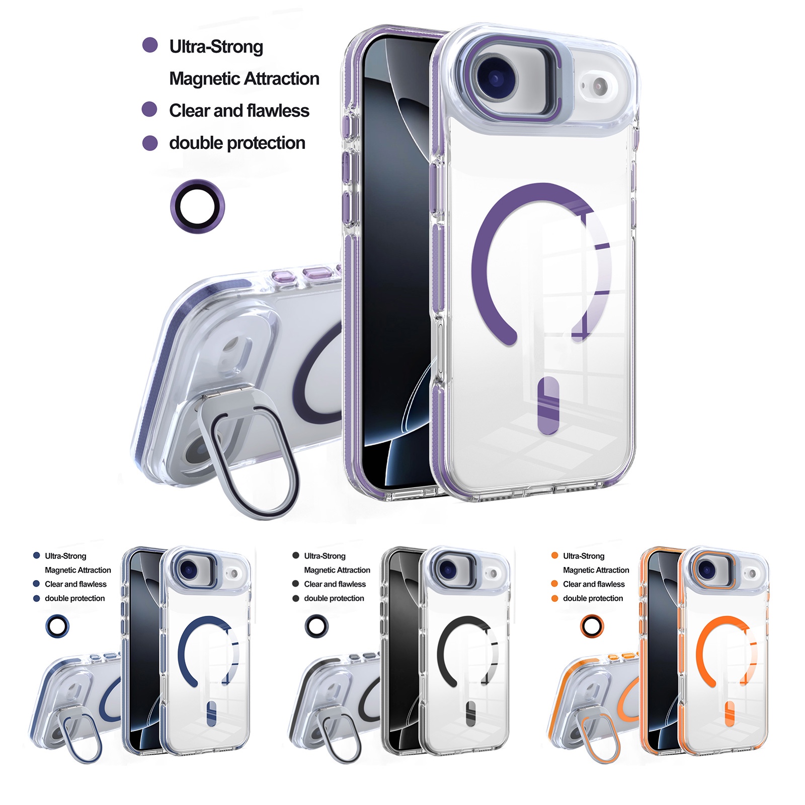 Purple/Black/Dark Blue/Orange Magnetic iPhoneAir Case - Hidden Foldable Stand and Clear Double Protection