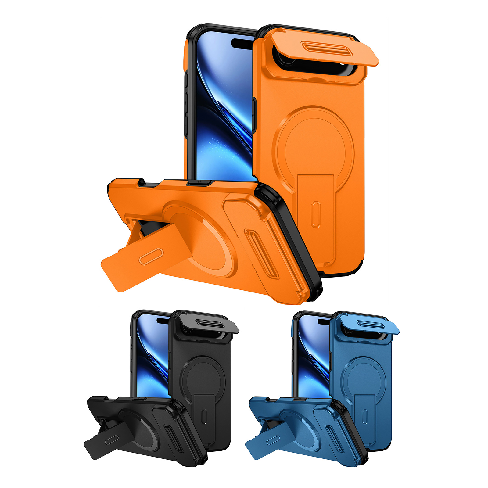 Orange/Blue/Black Armor Design iPhone Case for iPhone17 Pro - Lens Protector Cover and Foldable Hidden Stand