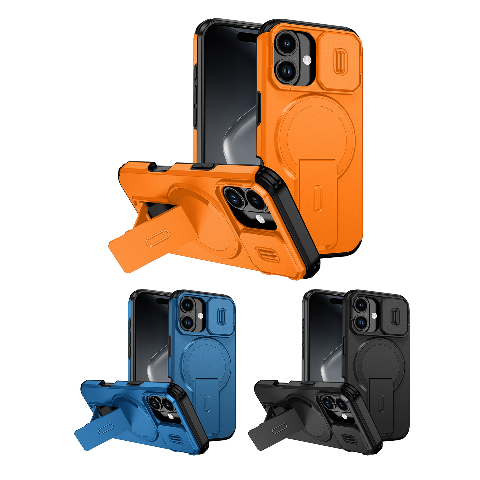 Orange/Blue/Black Armor Design iPhone Case for iPhone17 - Lens Protector Cover and Foldable Hidden Stand