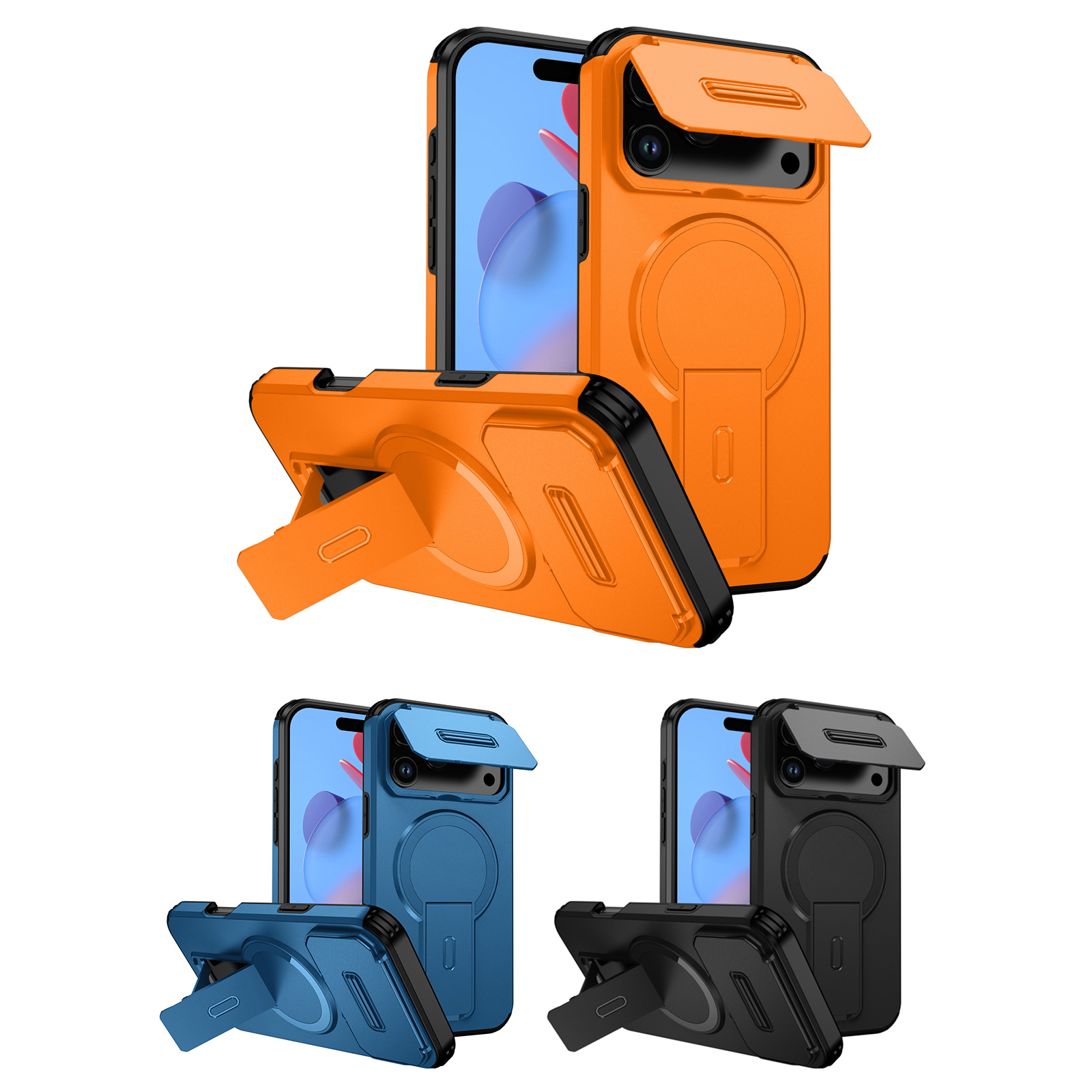 Orange/Blue/Black Armor Design iPhone Case for iPhoneAir - Lens Protector Cover and Foldable Hidden Stand