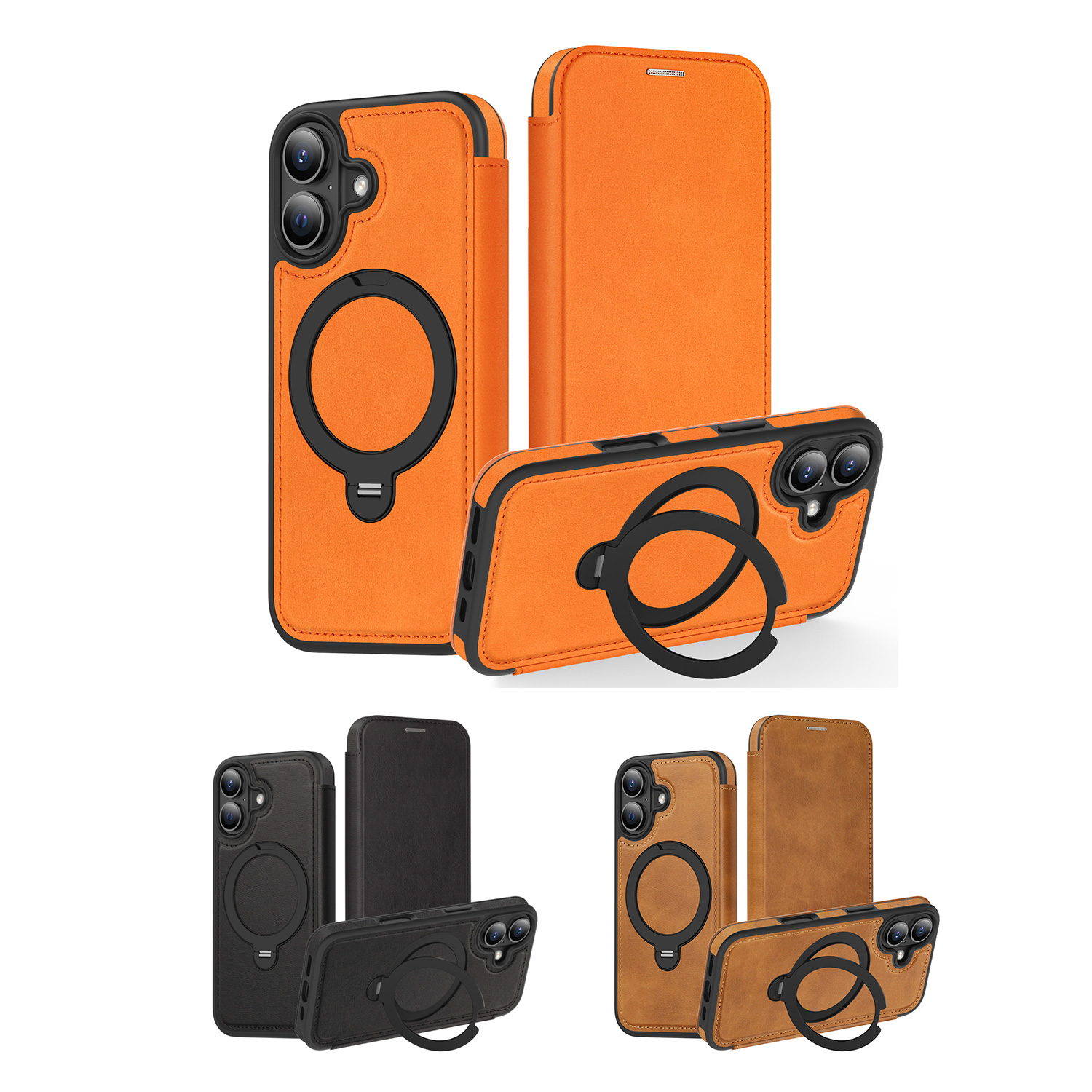 360° Rotating Stand iPhone 17 Case - Magnetic Wireless Charging PU Cover