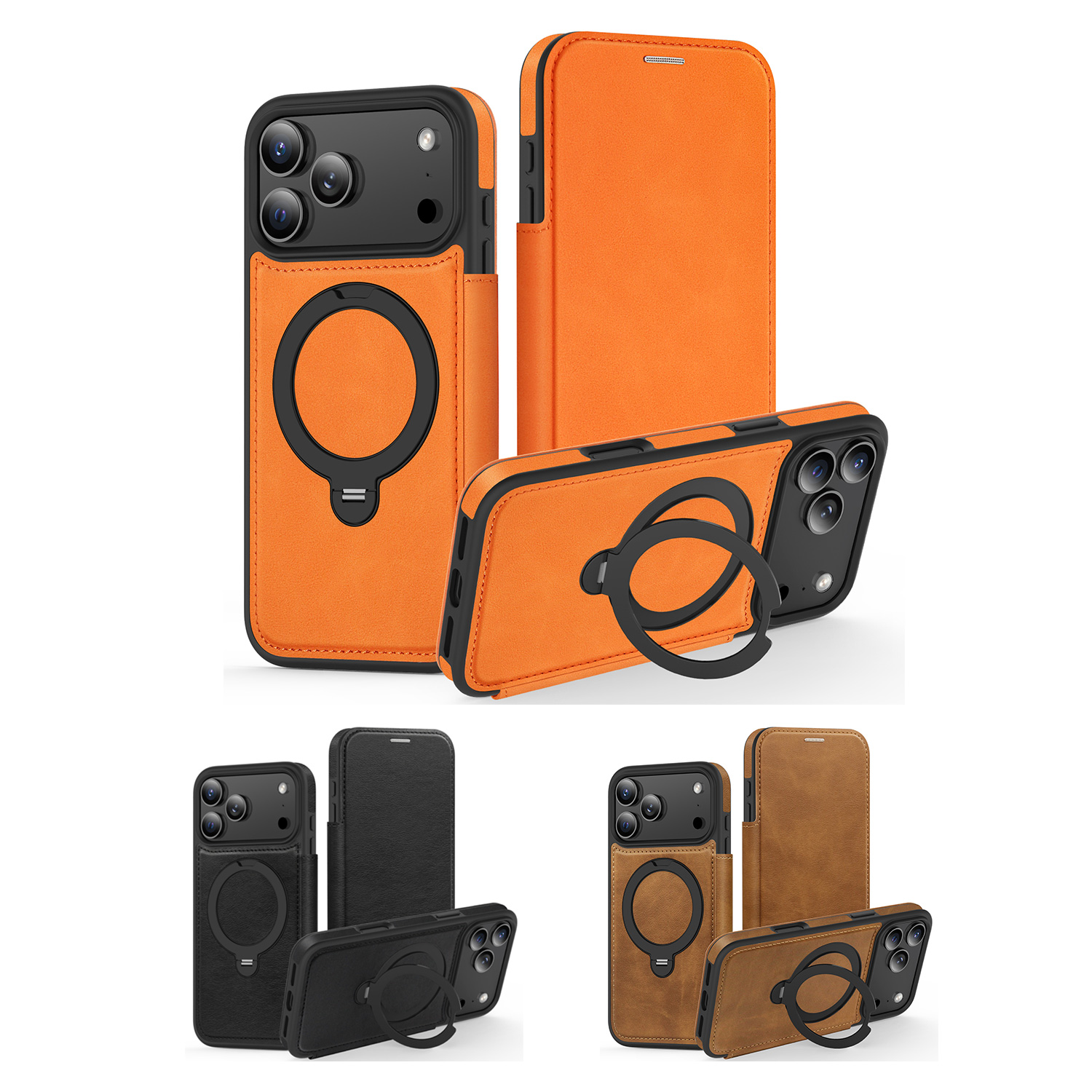 360° Rotating Stand iPhone 17 Pro Case - Magnetic Wireless Charging PU Cover