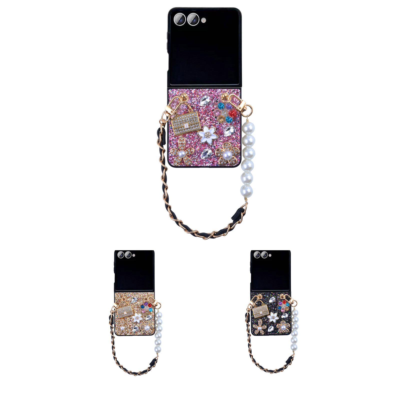 Glitter Rhinestone Case for Z Flip7 with Pearl Leather Chain Strap