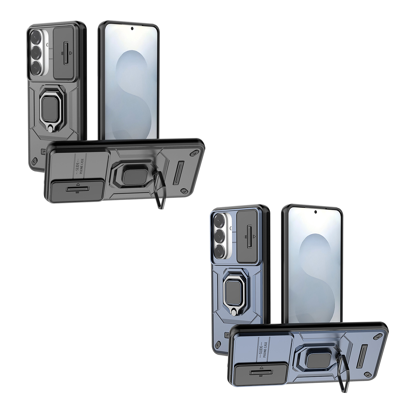 s26 case with sliding lens cover and foldable ring holder, black / blue