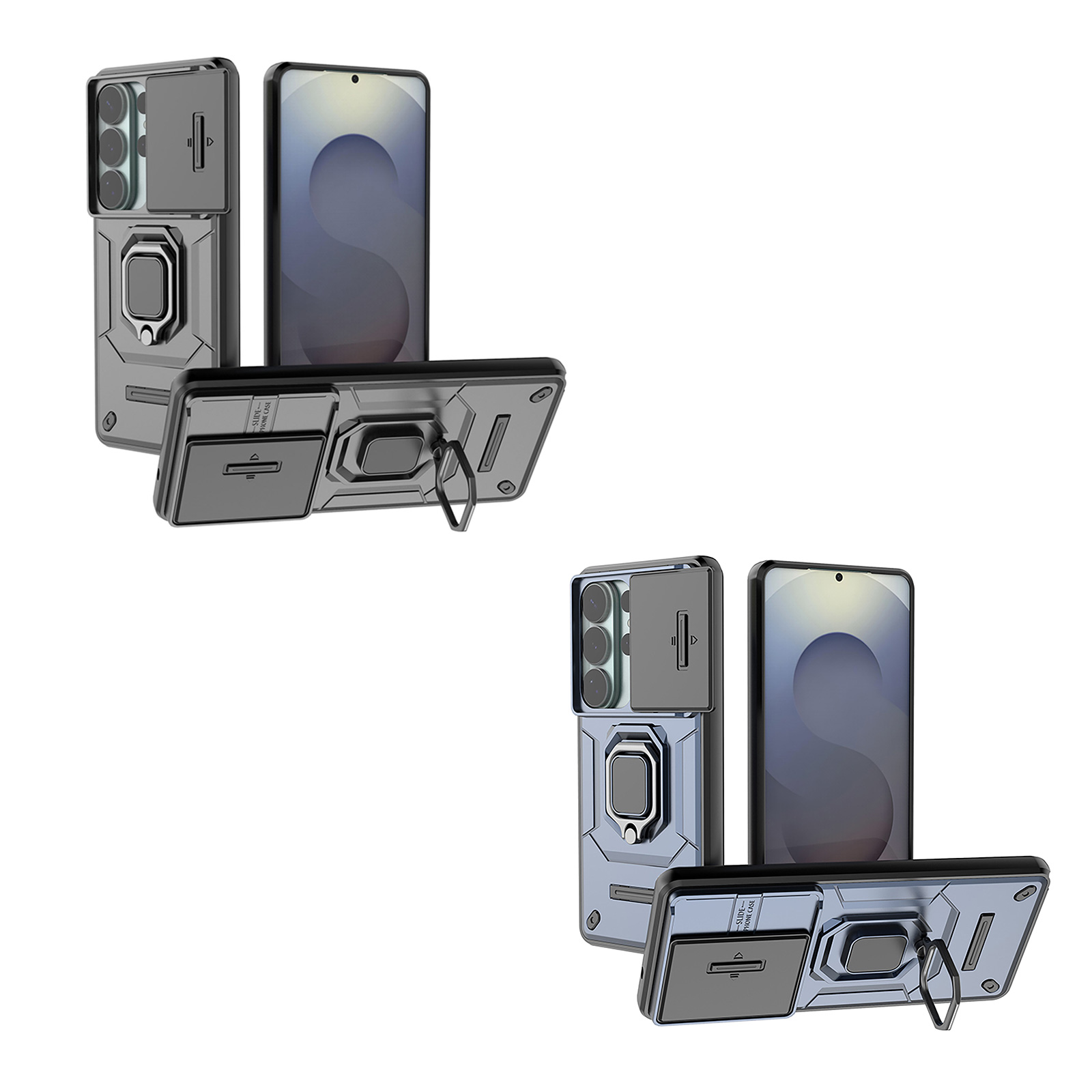 s26 ultra case with sliding lens cover and foldable ring holder, black / blue