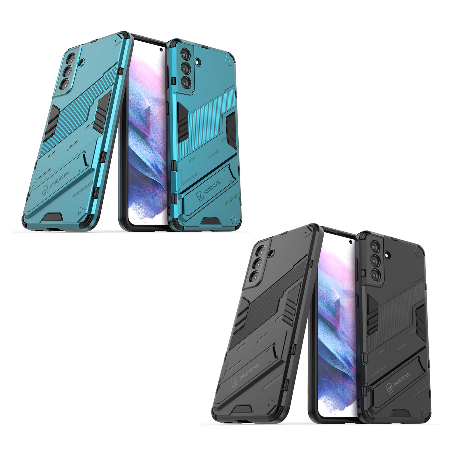 anti-scratch tactical armor s26 case with foldable hidden stand , black / blue