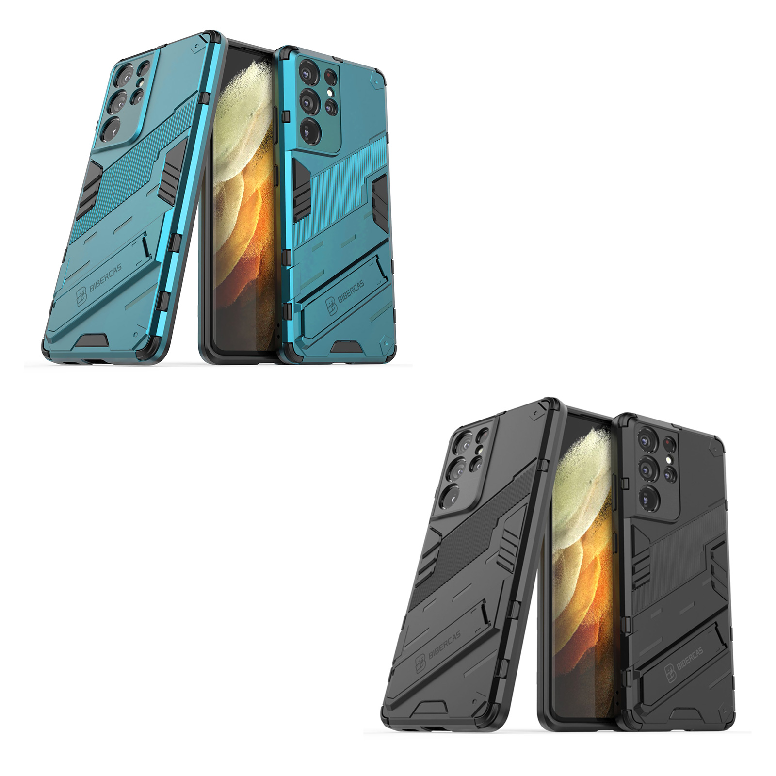 anti-scratch tactical armor s26 ultra case with foldable hidden stand , black / blue