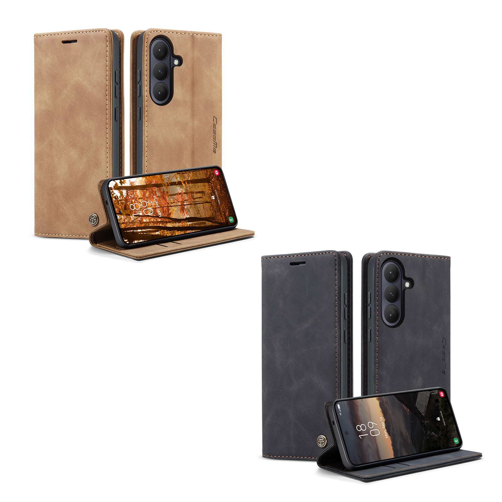 pu leather flip s26 case, front cover folds into a stand for hands-free viewing, black / brown