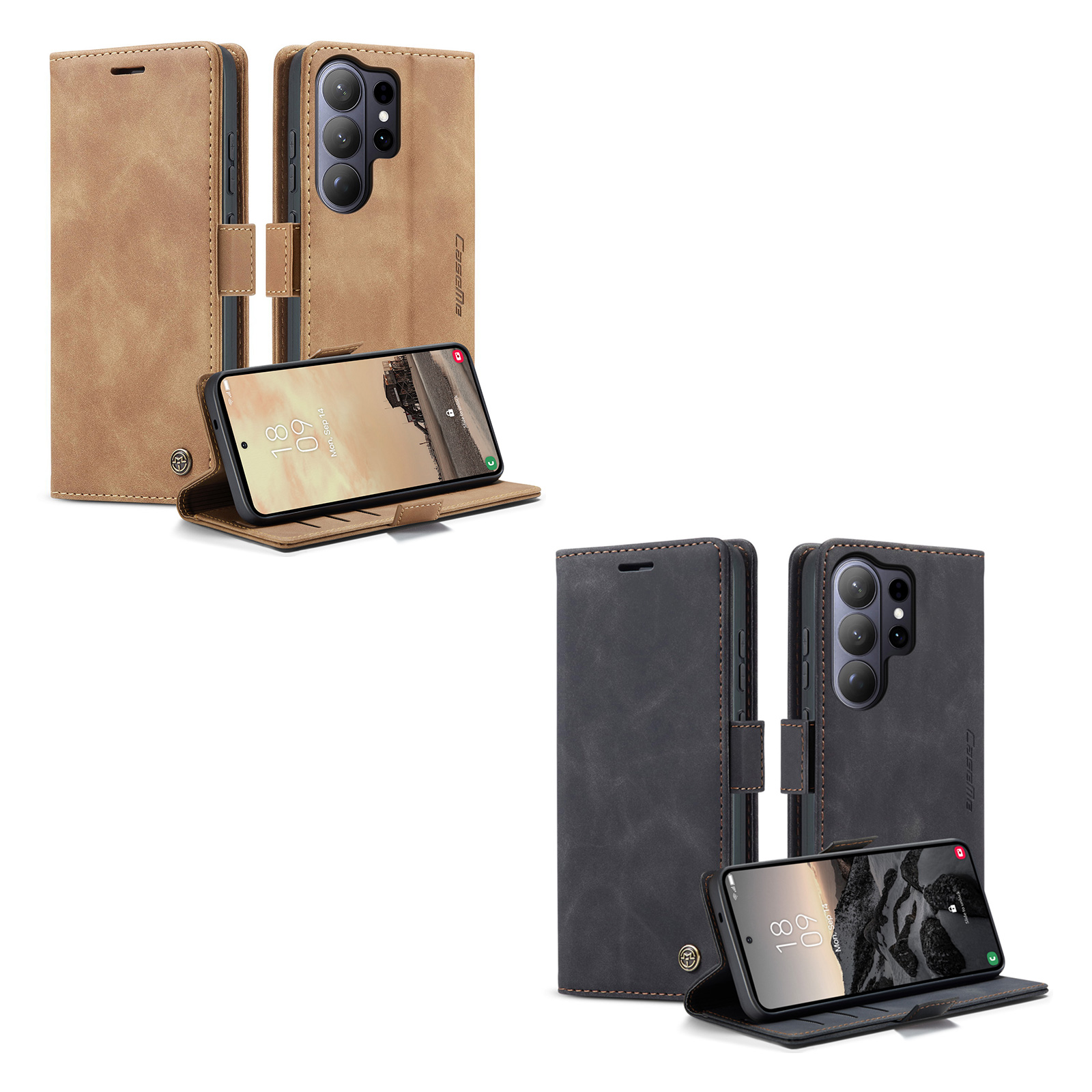 pu leather flip s26 ultra case, front cover folds into a stand for hands-free viewing, black / brown