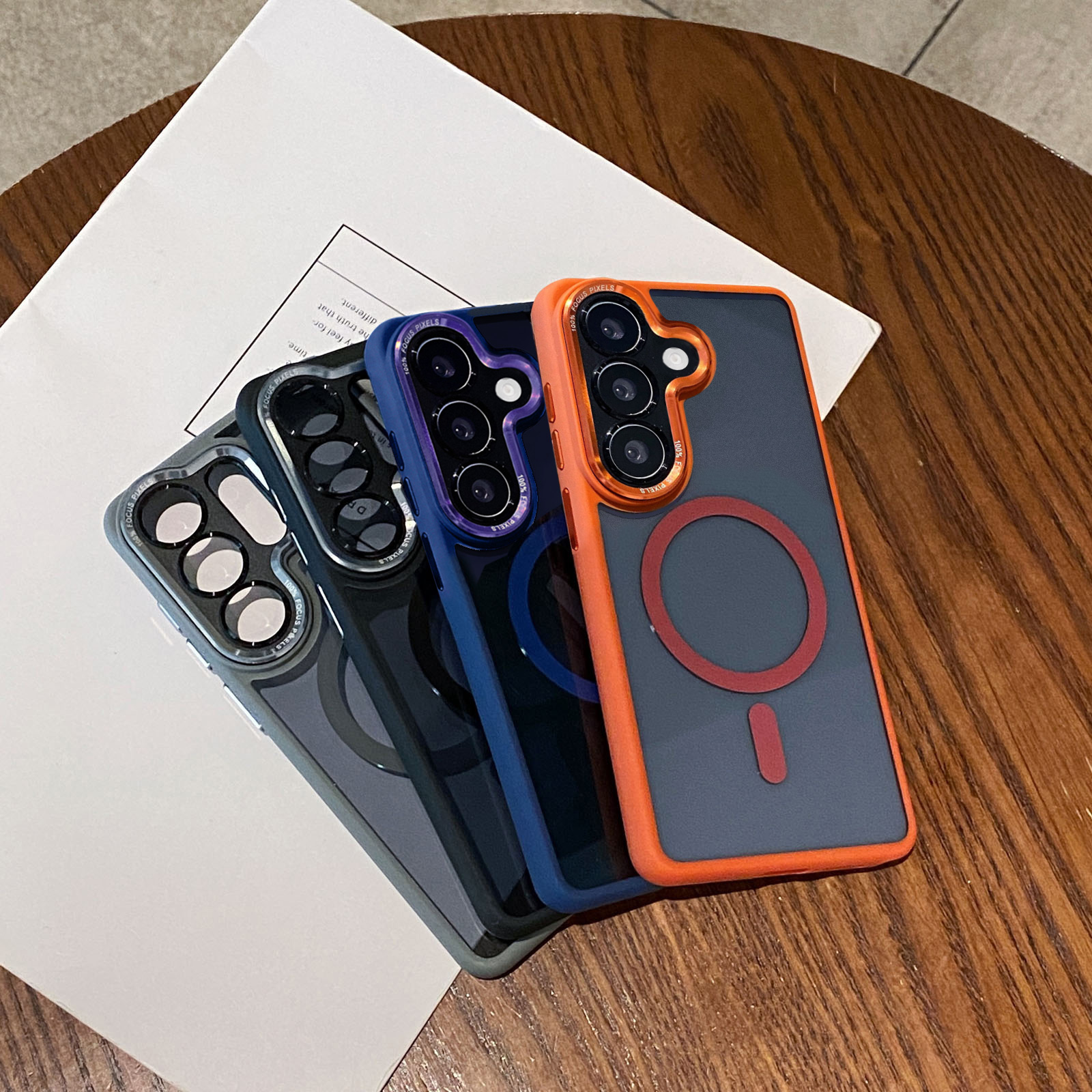 s26 case with semi-transparent acrylic magnetic back panel, black / blue / orange