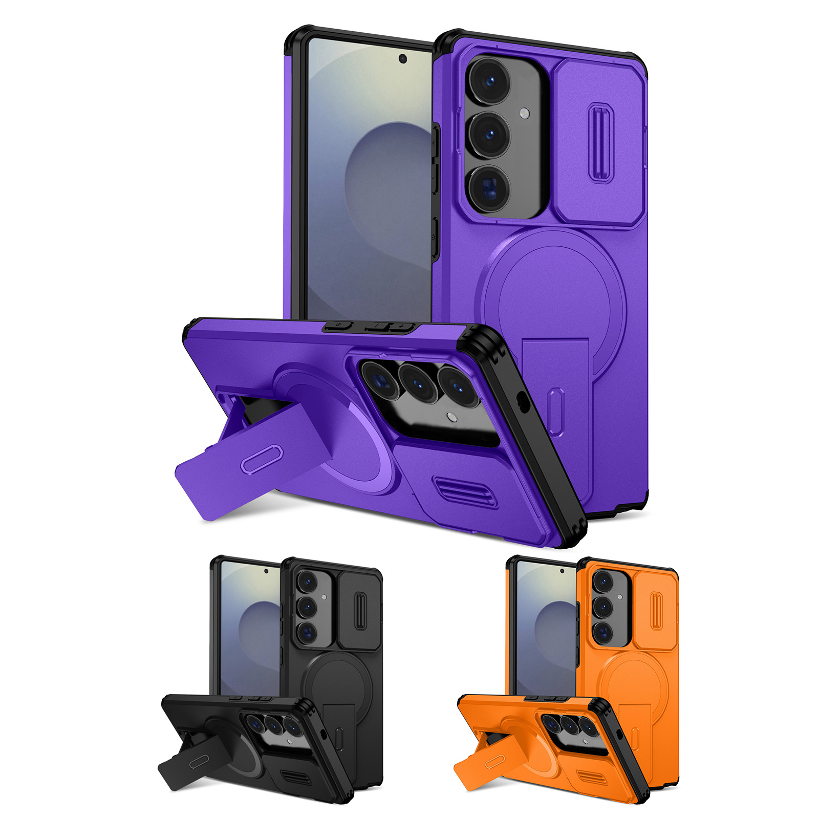 s26 armor design phone case with hidden kickstand - purple / black / orange