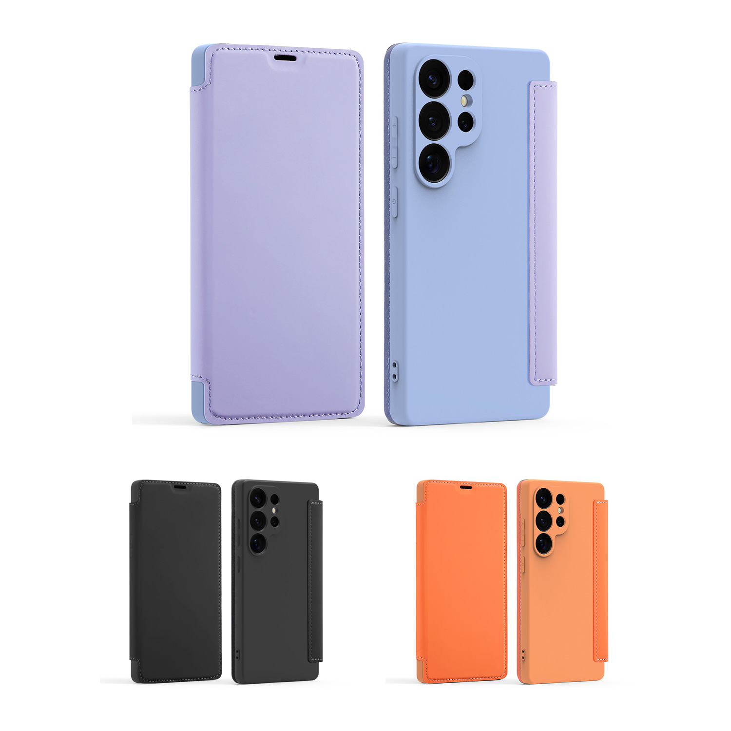 skin-feel tpu and pu flip s26 ultra case, purple / black / orange