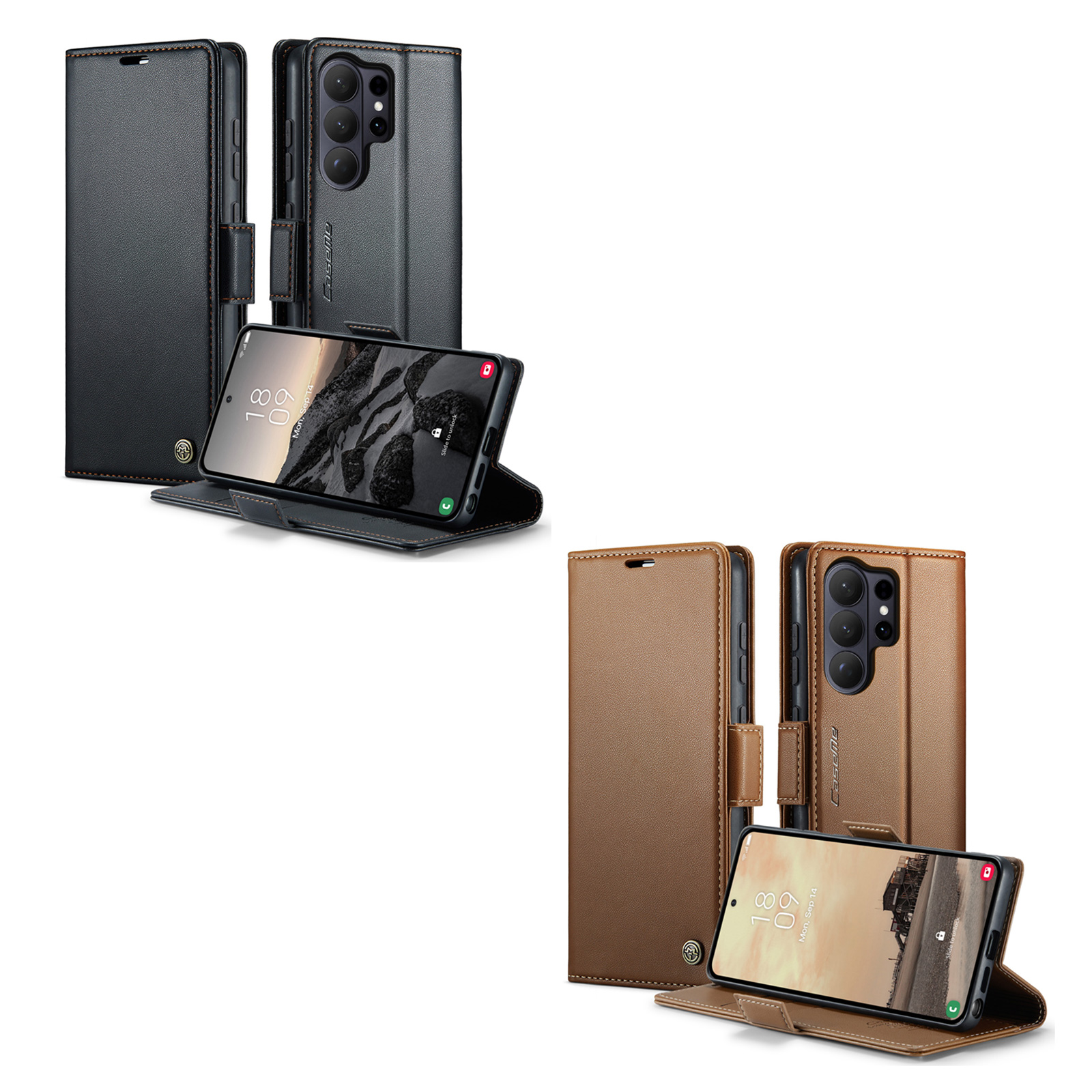 rfid blocking anti flip s26 ultra case with side clip - black / brown