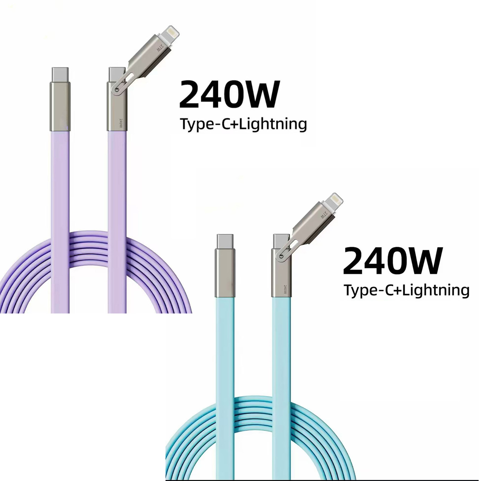 1.2 m 240w 2-in-1 type-c to lightning or usb c to usb c fast charging cables - purple / light blue