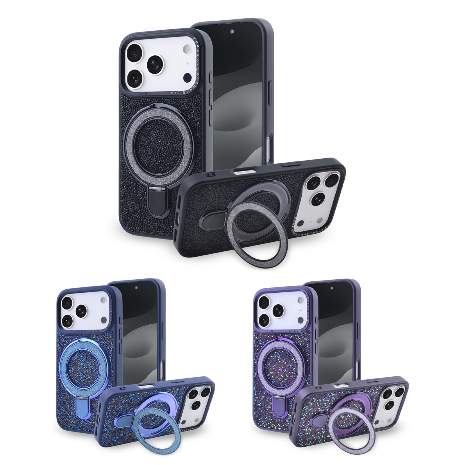 iphone 17 pro glitter magnetic case with stand - sparkly rhinestone design, black - dark blue - purple